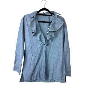 LRL Lauren Jeans Co‎ Denim Ruffle Top Long Sleeve Boho Small